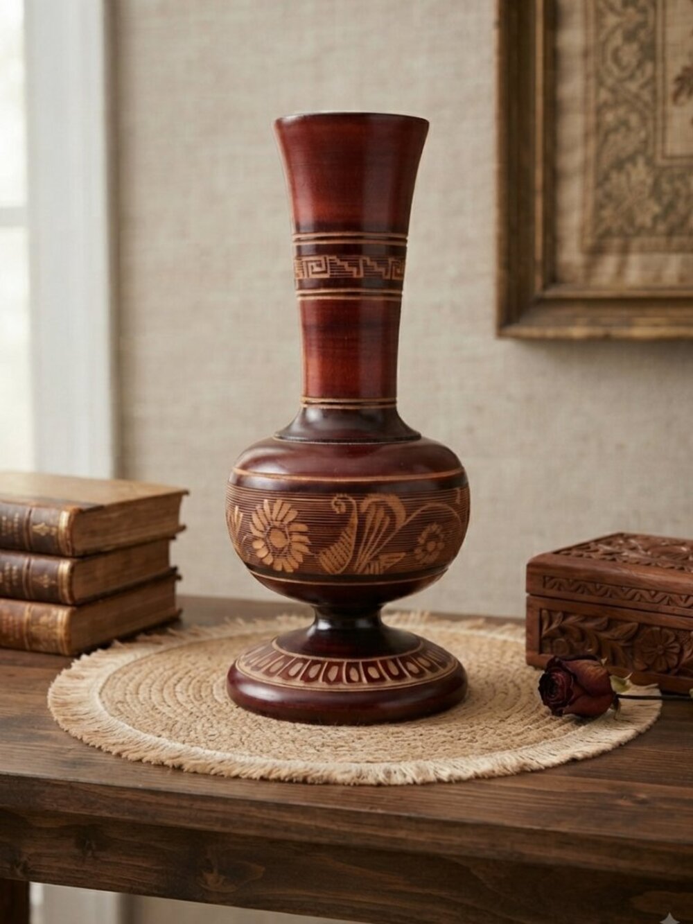 Vintage Artisanal Carved Wooden Bud Vase 9"